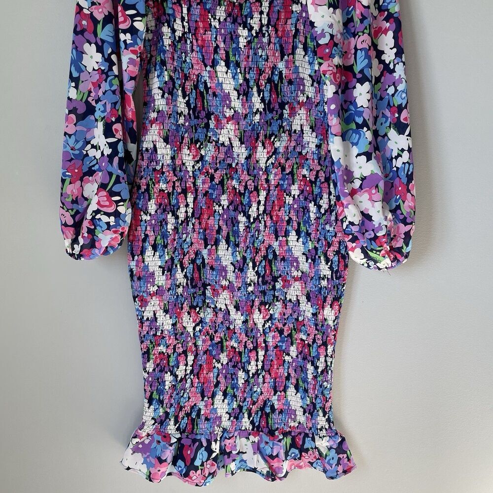 Pink Lily Boutique Floral Print Midi Dress Ruched Bubble Sleeves Size Medium - Picture 7 of 12